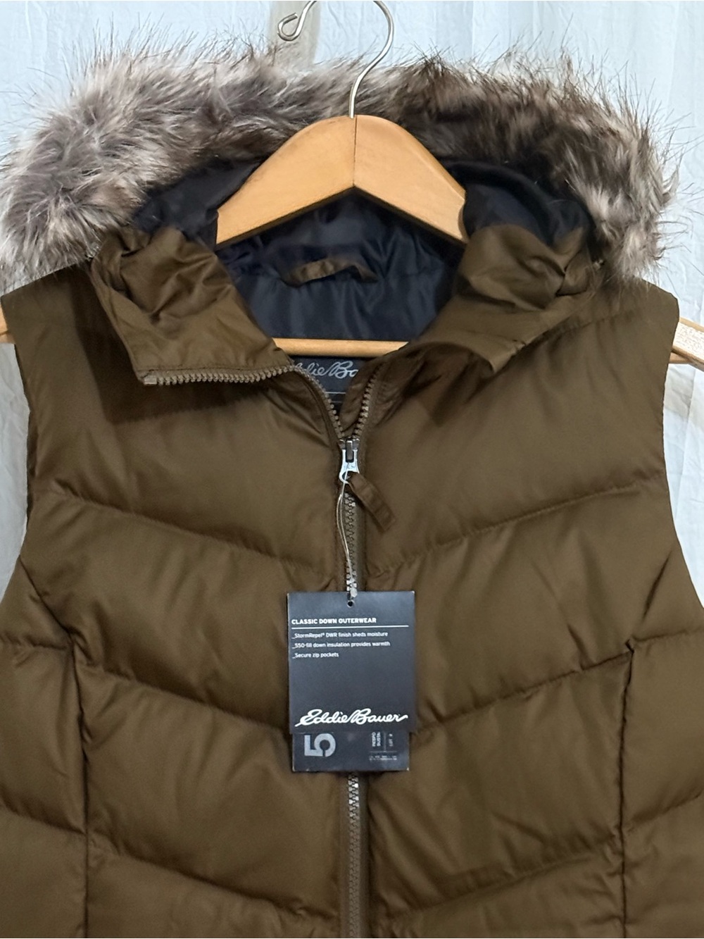 Eddie Bauer Women's Olive Down Puffer Vest with Faux Fur Trim Hood